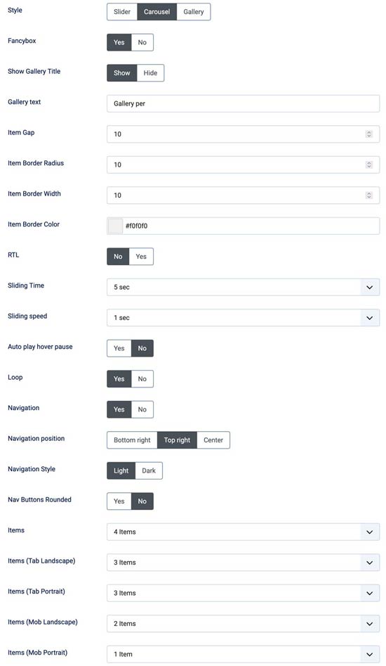 Photo gallery carousel settings