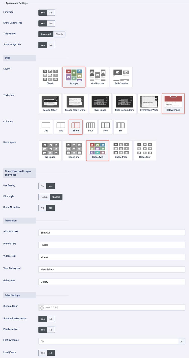 Elegant Gallery Plugin settings